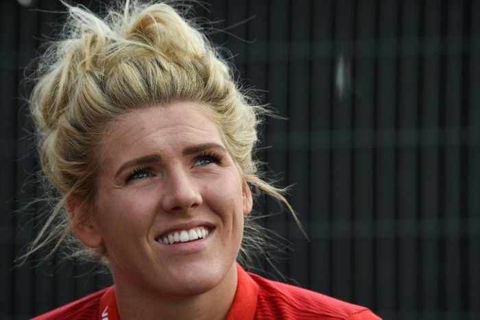 Midfielder Millie Bright of the England women's football team, speaks to journalists after a training session in Utrecht, on July 31, 2017