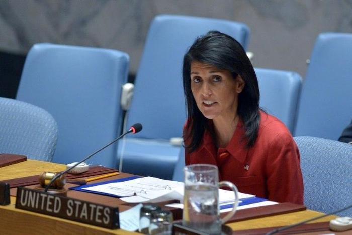 US Ambassador to the UN and UN security council president, Nikki Haley speaks during an United Nations Security Council meeting on Syria at the UN headquarters in New York on April 7, 2017