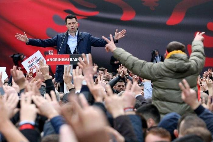 Leader of the Albanian opposition Democratic Party Lulzim Basha gestures as he speaks during a rally in Tirana on February 18, 2017
