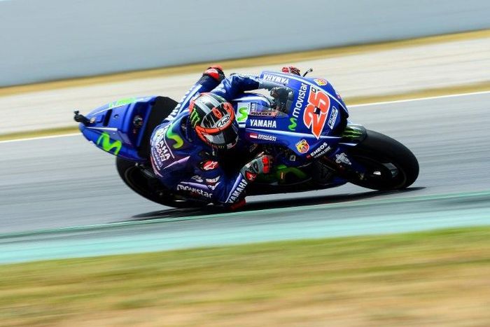 Movistar Yamaha MotoGP's Spanish rider Maverick Vinales rides during the second MotoGP free practice session of the Moto Grand Prix de Catalunya at the Circuit de Catalunya on June 9, 2017 in Montmelo