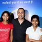Indian mountaineer Poorna Malavath (L) and actress Aditi Inamdar (R) attend the screening of upcoming Hindi film ‘Poorna’ directed by Rahul Bose (C) in Mumbai on March 27, 2017