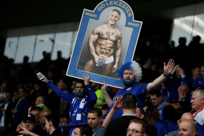 Leicester fans hold up a picture of Gary Lineker wearing underpants at King Power Stadium in Leicester in 2016