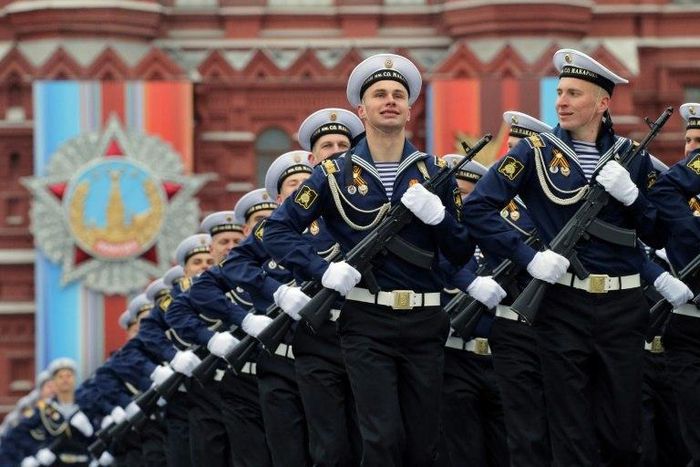 Russian servicemen march through Moscow's Red Square in the annual pomp-filled celebration of the defeat of Nazi Germany in 1945