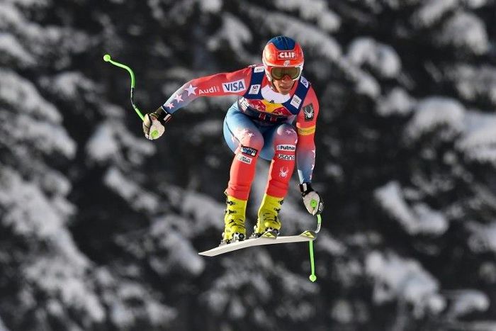Steven Nyman of the US jumps during the men's second downhill practice of the FIS Ski Alpine World Cup, at the Hahnenkamm ski run in Kitzbuehel, Austria, on January 18, 2017