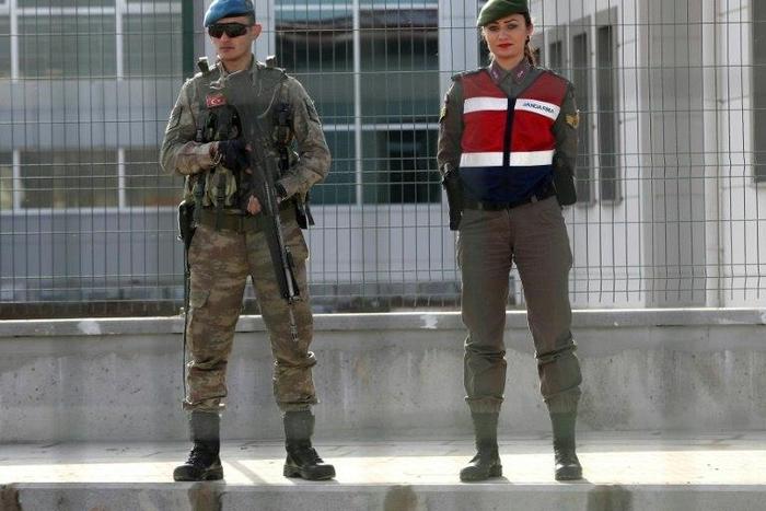 Turkish soldiers guard at the Sincan Prison in Ankara, on February 28, 2017 during the trial of suspects accused of involvement in last year's failed July coup