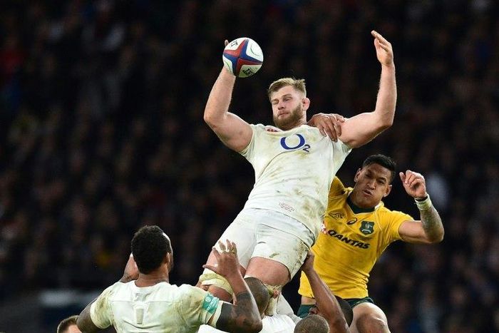 England's lock George Kruis wins a high ball during the international rugby union test match between England and Australia at Twickenham stadium in south-west London on December 3, 2016