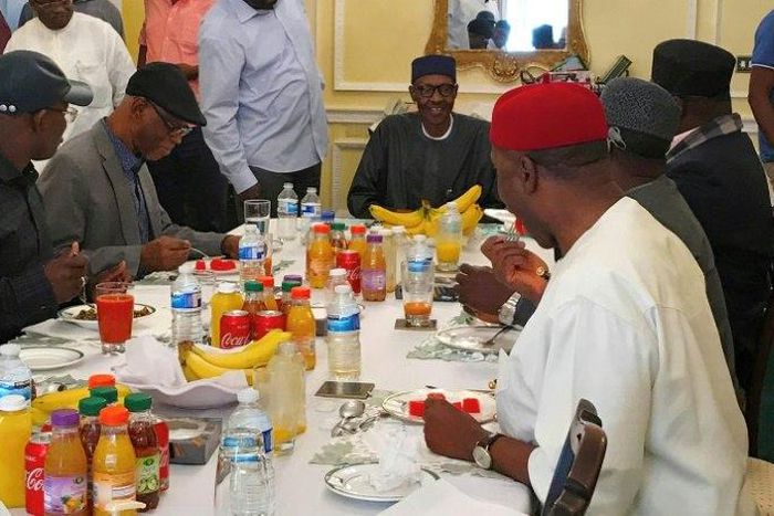Recent picture of Buhari and governors in his London home