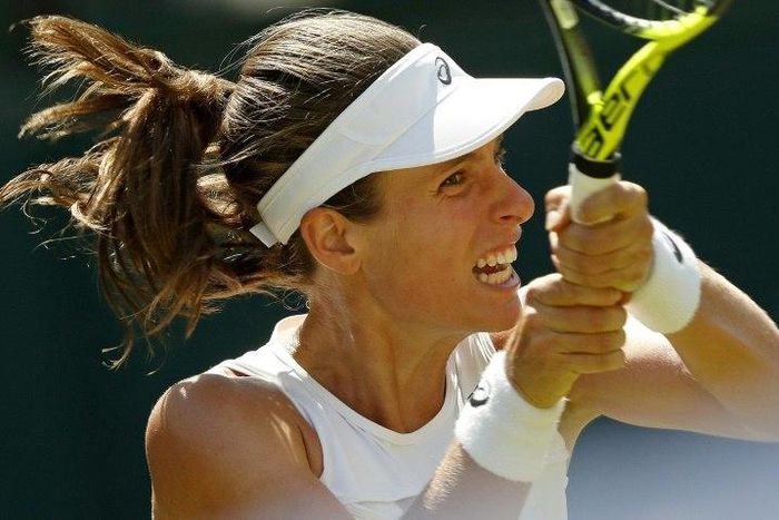 Britain's Johanna Konta in action against Croatia's Donna Vekic during their Wimbledon second round match on July 5, 2017