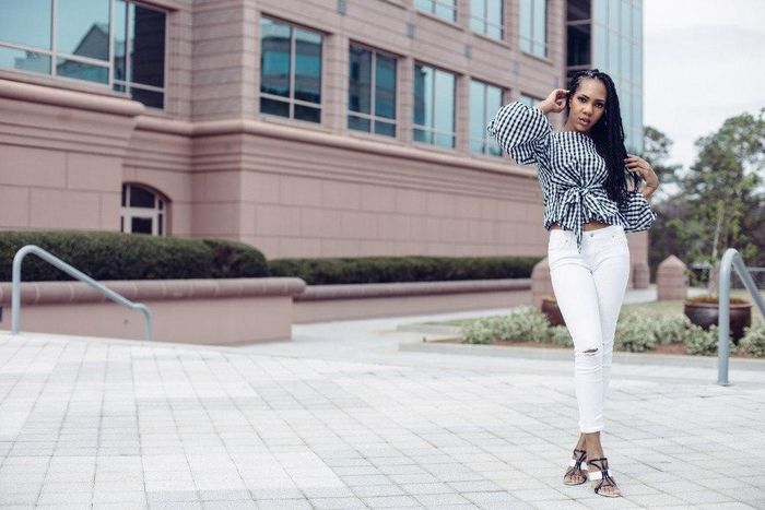 Hadiza Lawal does detailed shirt over white distressed denim