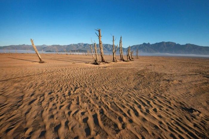 Drought has left Theewaterskloof Dam, some 100 kms from Cape Town, at less than 20 percent of water capacity