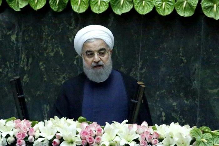 Iran's President Hassan Rouhani delivers a speech after his inauguration on August 5, 2017