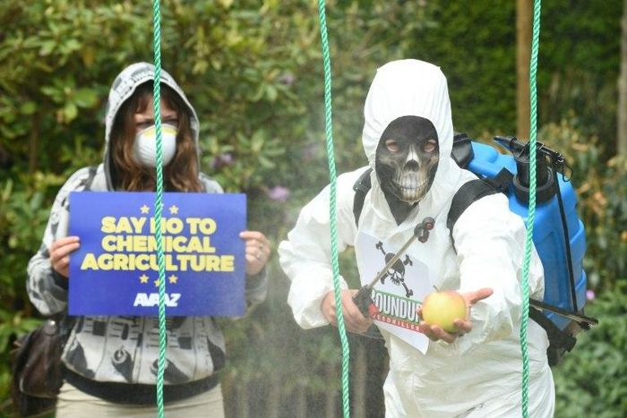 Demonstrators protest against the use of weedkiller glyphosate in Brussels on May 18, 2016