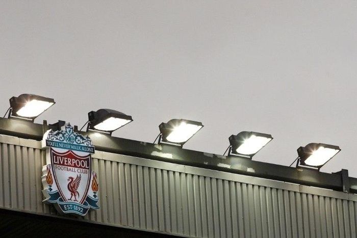 The Liverpool club crest is seen on the roof of the Centenary Stand