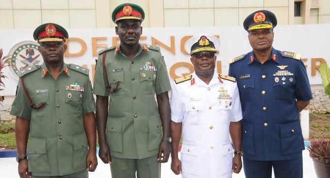 L-R: Chief of Defence Staff, General Abayomi Gabriel Olonisakin; Chief of Army Staff; Lieutenant General Tukur Buratai; Chief of Naval Staff, Admiral Ibik–Eke Ibns; and Chief of Air Staff, Air Marshal Sadique Abubakar