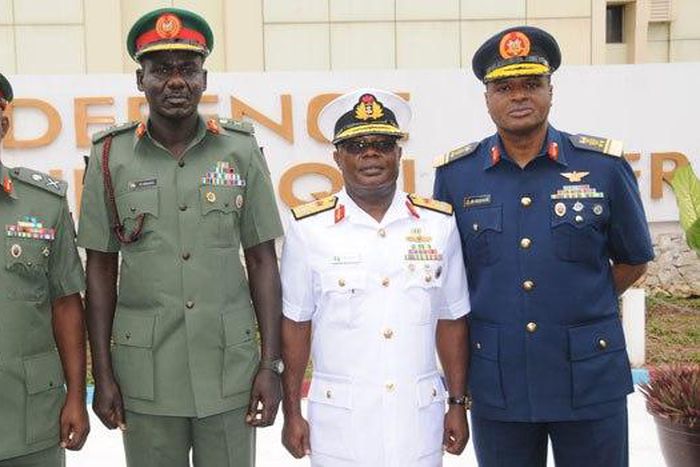 L-R: Chief of Defence Staff, General Abayomi Gabriel Olonisakin; Chief of Army Staff; Lieutenant General Tukur Buratai; Chief of Naval Staff, Admiral Ibik–Eke Ibns; and Chief of Air Staff, Air Marshal Sadique Abubakar