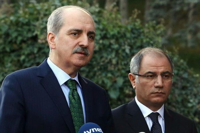 Turkish Deputy Prime Minister Numan Kurtulmus (L), pictured in January 2016, said it would be "militarily and strategically" smart to follow the current anti-Islamic State operation in Mosul with an anti-IS operation in Raqa