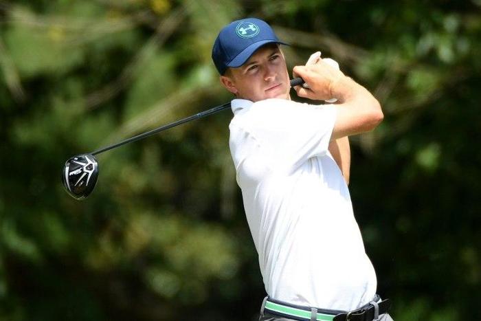 Jordan Spieth of the United States plays his shot from the fifth tee during the third round of the 2017 PGA Championship at Quail Hollow Club on August 12, 2017 in Charlotte, North Carolina