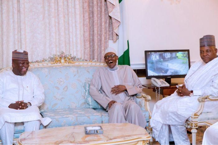 Buhari shares a laugh with State Governors in his London apartment