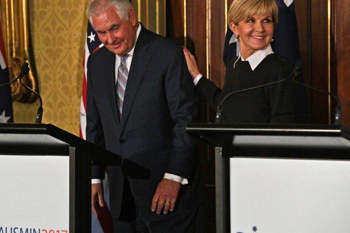 US Secretary of State Rex Tillerson and Australian Foreign Minister Julie Bishop leave at the end of a press conference in Sydney on June 5, 2017