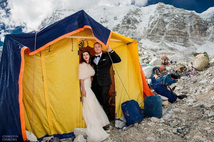 The couple at the Everest Base Camp, 17,000 feet above sea level.