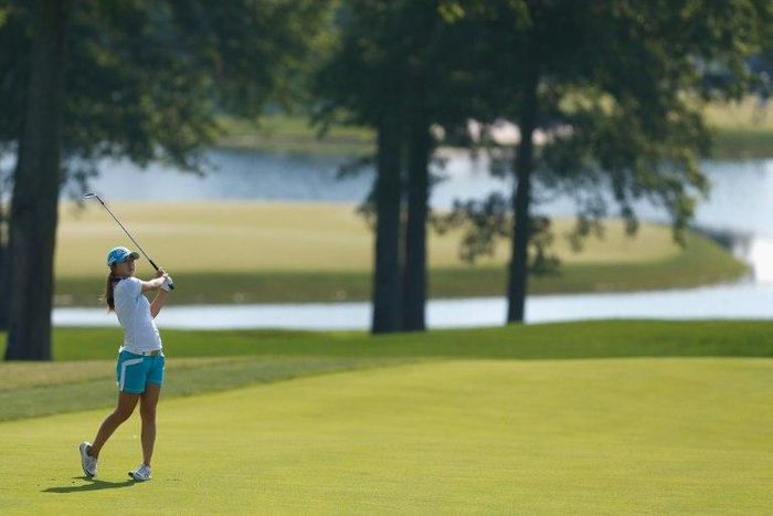 Haruka Morita of China watches her second shot on the fifth hole during the first round of the US Women's Open Championship at Trump National Golf Course on July 13, 2017 in Bedminster, New Jersey