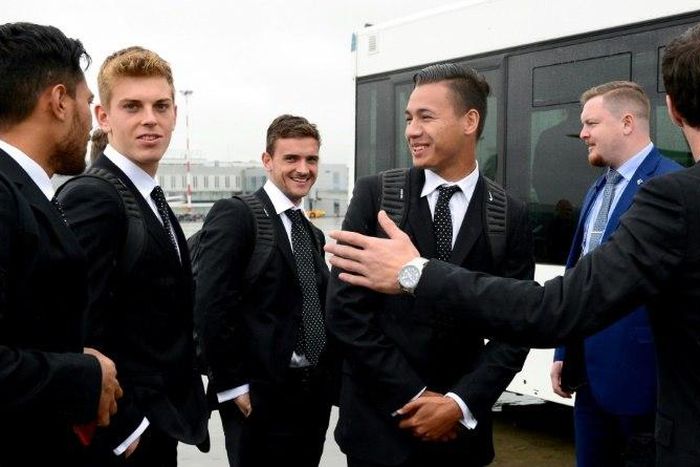 New Zealand's players arrive at Pulkovo International Airport in Saint Petersburg in Russia, on June 9, to take part in the 2017 FIFA Confederations Cup