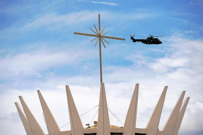 A military helicopter on duty ahead of the inauguration of right-wing president-elect Jair Bolsonaro