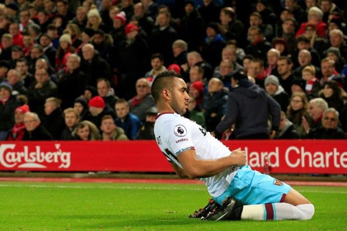 West Ham United's midfielder Dimitri Payet celebrates after scoring their first goal against Liverpool, north west England on December 11, 2016