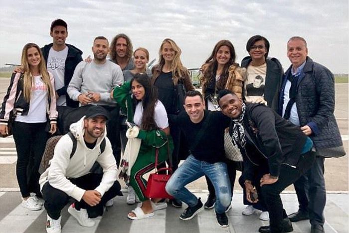 Sergio Busquets, Jordi Alba, Carles Puyol, (L-R front) Cesc Fabregas, Xavi and Samuel Eto'o