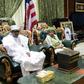Nigerian President Muhammadu Buhari (L) and Liberian President Ellen Johnson Sirleaf meeting Gambian President Yahya Jammeh (R) in Banjul on January 13, 2017