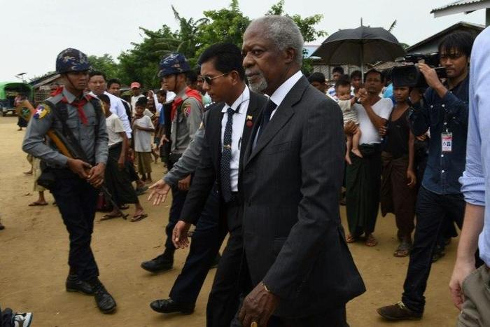 A commission led by former UN secretary general Kofi Annan (C) called on the Myanmar government to close displacement camps in strife-torn Rakhine state