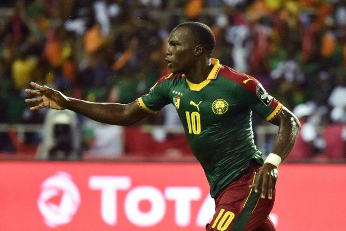 Cameroon's forward Vincent Aboubakar celebrates after scoring the team's second goal in Libreville on February 5, 2017