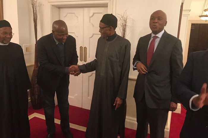 Speaker of the House, Yakubu Dogara and Senate President, Bukola Saraki during a courtesy call to President Muhammadu Buhari in London on February 15, 2017.