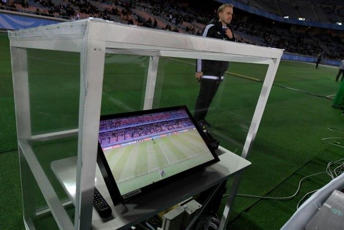 The video assistant referee system is placed beside the pitch prior to the Club World Cup semi-final football match between Mexico's Club America and Spain's Real Madrid at Yokohama International stadium in Yokohama on December 15, 2016