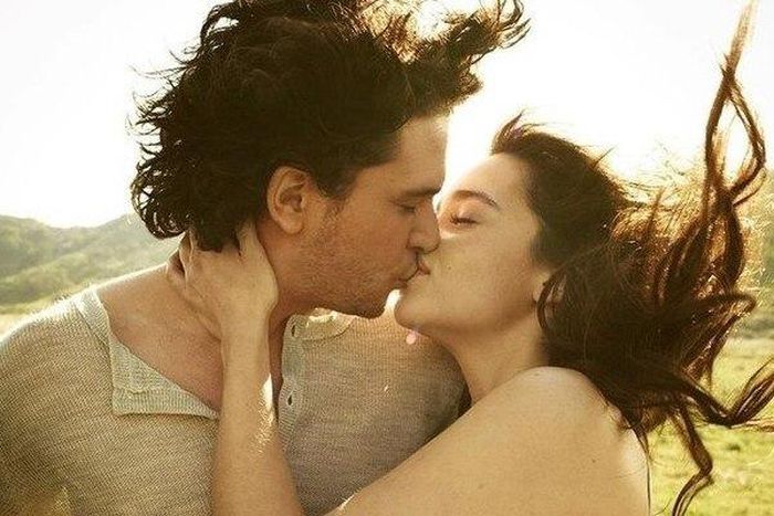 Kit Harrington and Emilia Clarke kiss during a photo shoot in 2012
