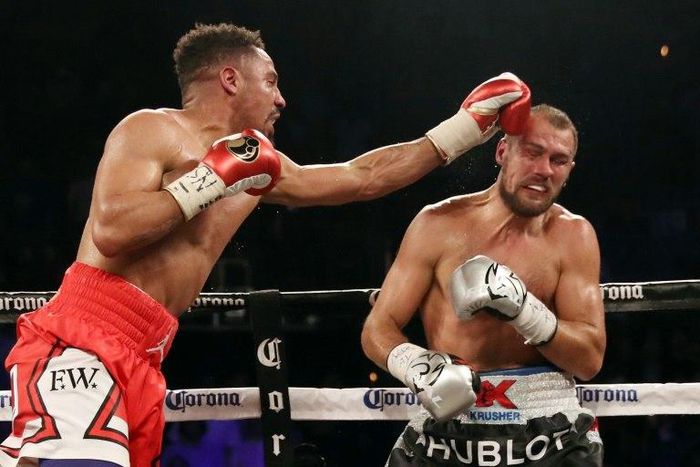 Andre Ward (L) battles Sergey Kovalev during their light heavyweight championship bout at the Mandalay Bay Events Center in Las Vegas, Nevada