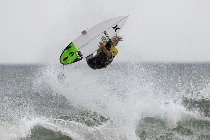 Hawaian surfer John John Florence in action off the coast of Peniche, Portugal, on October 25, 2016