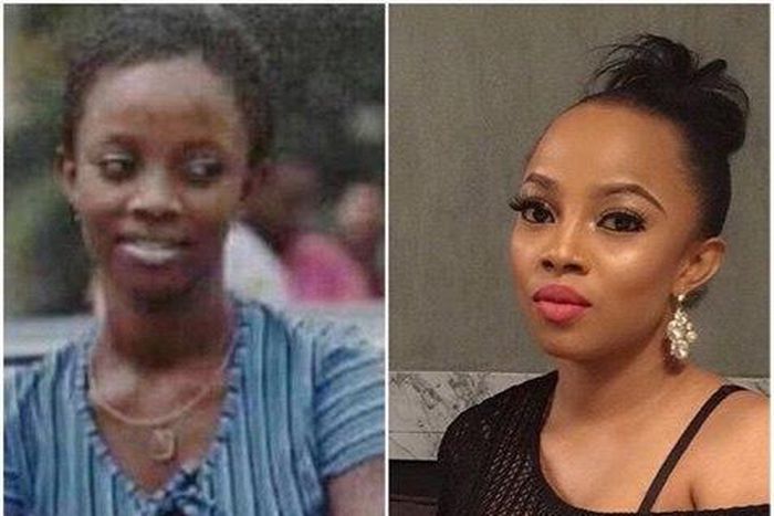 A throwback photo of Toke Makinwa (L) shows the TV girl used to be dark skinned