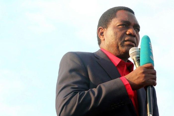 Main Zambian opposition party United Party for National Development presidential candidate Hakainde Hichilema delivers a speech during a presidential campaign rally on August 10, 2016 in Lusaka