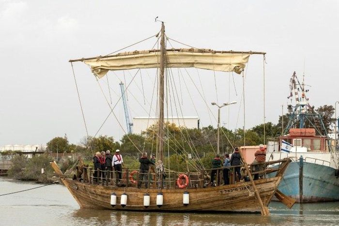 An identical replica of a 2,500 year-old Hellenic merchant ship during its launch ceremony in Haifa, Israel, on March 17, 2017