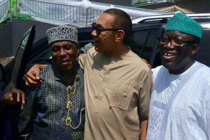 Ben Murray-Bruce flanked by Rotimi Amaechi (left) and Dr. Kayode Fayemi at the Obasanjo Presidential Library launch