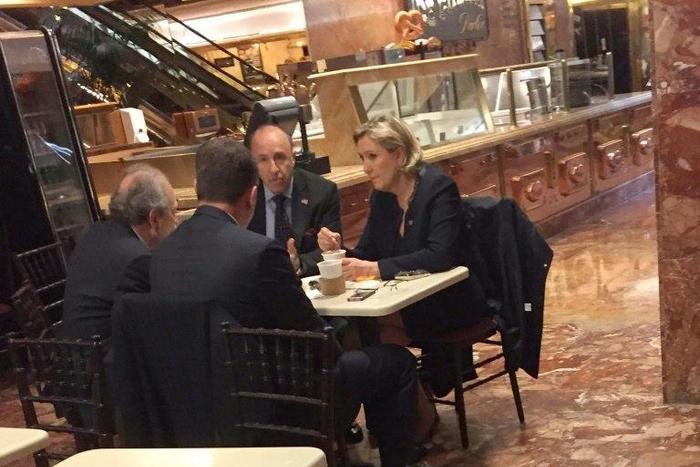 Far-right French presidential candidate Marine Le Pen (R) is spotted at Donald Trump's New York headquarters building on January 12, 2017 having coffee at Trump Ice Cream Parlor on the ground floor of Trump Tower