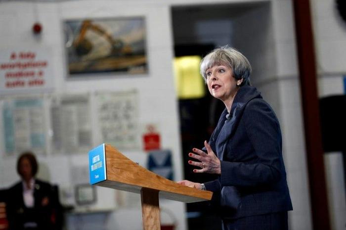 Britain's Prime Minister Theresa May speaks at an election campaign event in northeast England