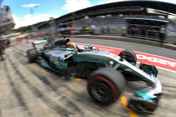 Mercedes driver Lewis Hamilton leaves the pits during the second practice session for the Austrian Grand Prix at the Red Bull Ring on July 7, 2017