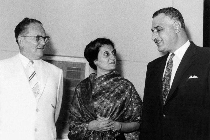 Yugoslav president Josip Broz Tito, left, with Indian prime minister Indira Gandhi -- whose autograph was among those stolen -- and Egyptian president Gamal Abdel Nasser