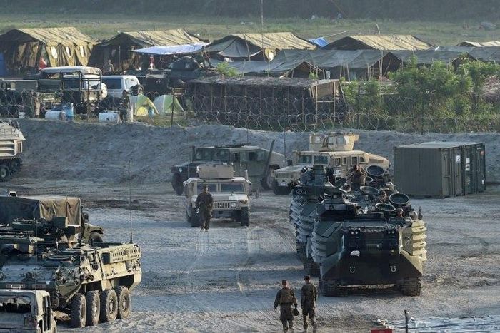 US Marines at a temporary camp for joint US-Philippine exercises north of Manila on April 14, 2016. The annual exercises started Monday but the longtime allies scaled them down in line with President Rodrigo Duterte's pivot to China and Russia