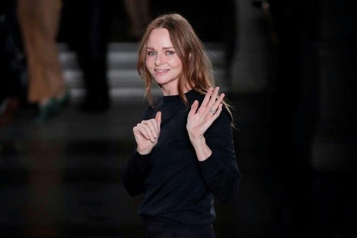 British fashion designer Stella McCartney acknowledges the audience at the end of her women's Fall-Winter 2017-2018 ready-to-wear collection fashion show