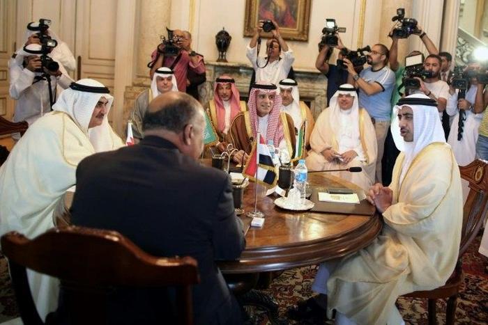 The foreign ministers of Bahrain, Egypt, Saudi Arabia and the United Arab Emirates meet in Cairo on July 5, 2017 to discuss the diplomatic crisis with Qatar