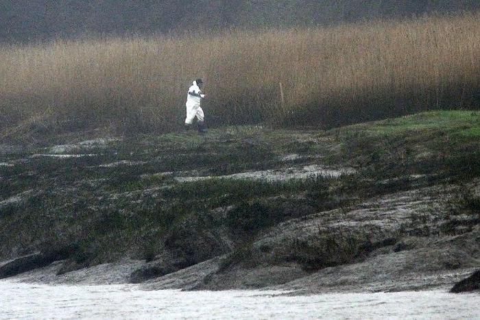 A police officer searches an area on March 8, 2017 in Pont-de-Buis, western France as part of a family murder investigation