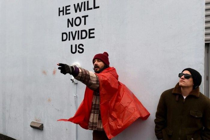 US actor Shia LaBeouf during his "He Will Not Divide US" anti-Trump livestream project outside New York's Museum of the Moving Image